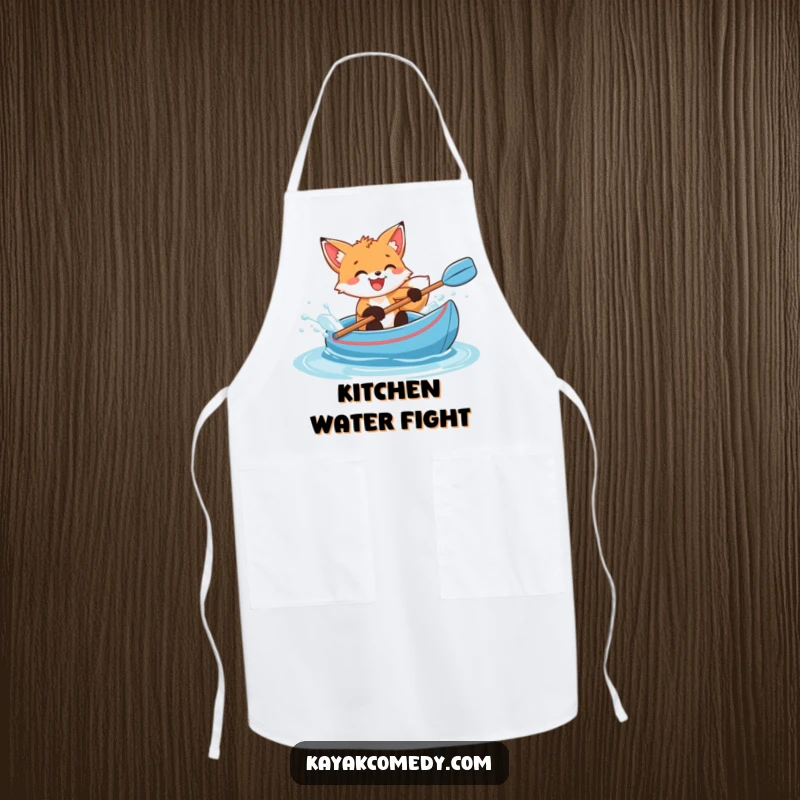 Funny Apron: A delighted fox cub gleefully splashes water from a blue kayak, ready for kitchen fun. Perfect gift.