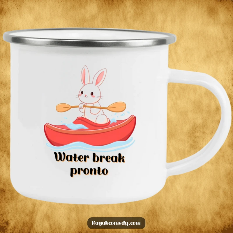 Funny Camping Mug: A playful rabbit steers a red kayak through gentle waves, perfect for outdoor relaxation. Gift.