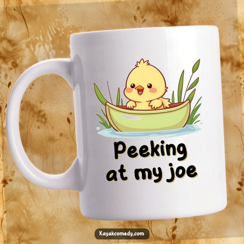 Funny Mug: A cheerful chick peeks over the edge of a small green kayak, looking curious and happy. Great gift.
