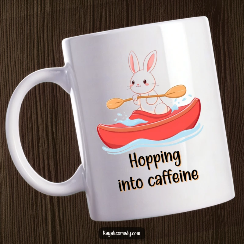 Funny Mug: A playful rabbit steers a bright red kayak through gentle waves with a happy expression. Great gift.