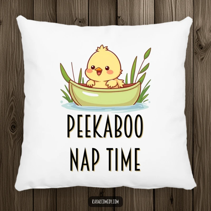 Funny Pillow: A cheerful chick peeks over a green kayak, a soft cushion for comfort and smiles. Great gift.