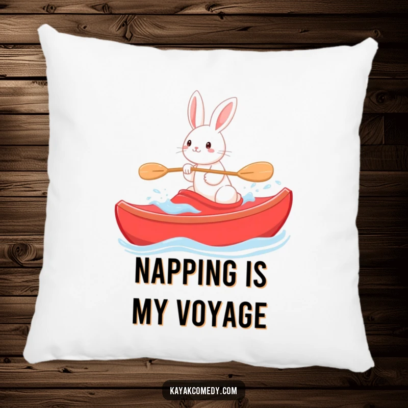 Funny Pillow: A playful rabbit steers a red kayak through gentle waves, a soft cushion for comfort and smiles. Great gift.