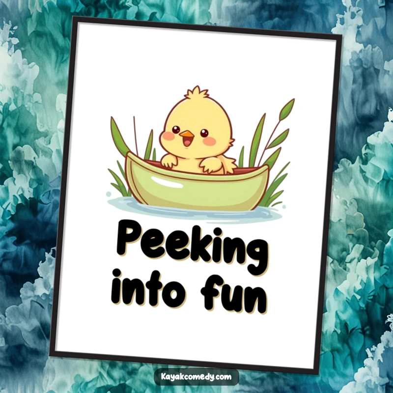 Funny Digital Art Print: A cheerful chick peeks over a green kayak, radiating pure joy. Gift.