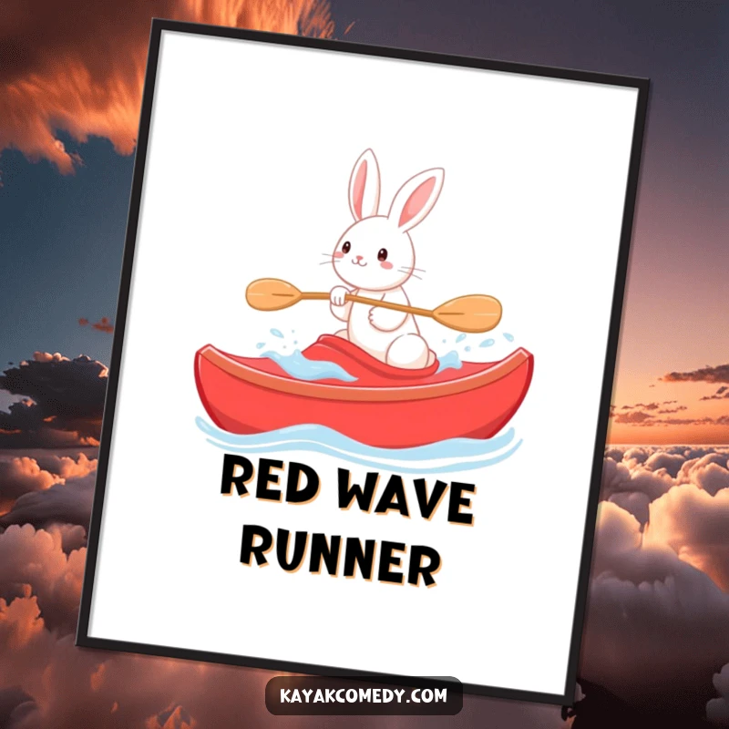 Funny Digital Art Print: A playful rabbit steers a red kayak through gentle waves, radiating pure joy. Gift.