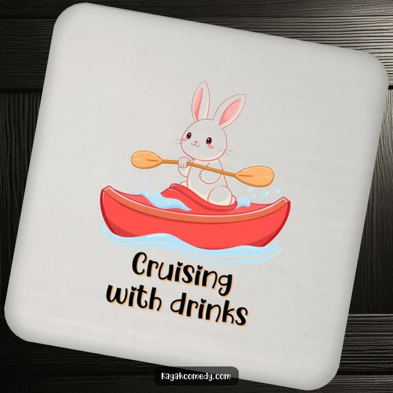 Funny Coaster: A playful rabbit steers a red kayak through gentle waves, protecting surfaces with charm. Great gift.