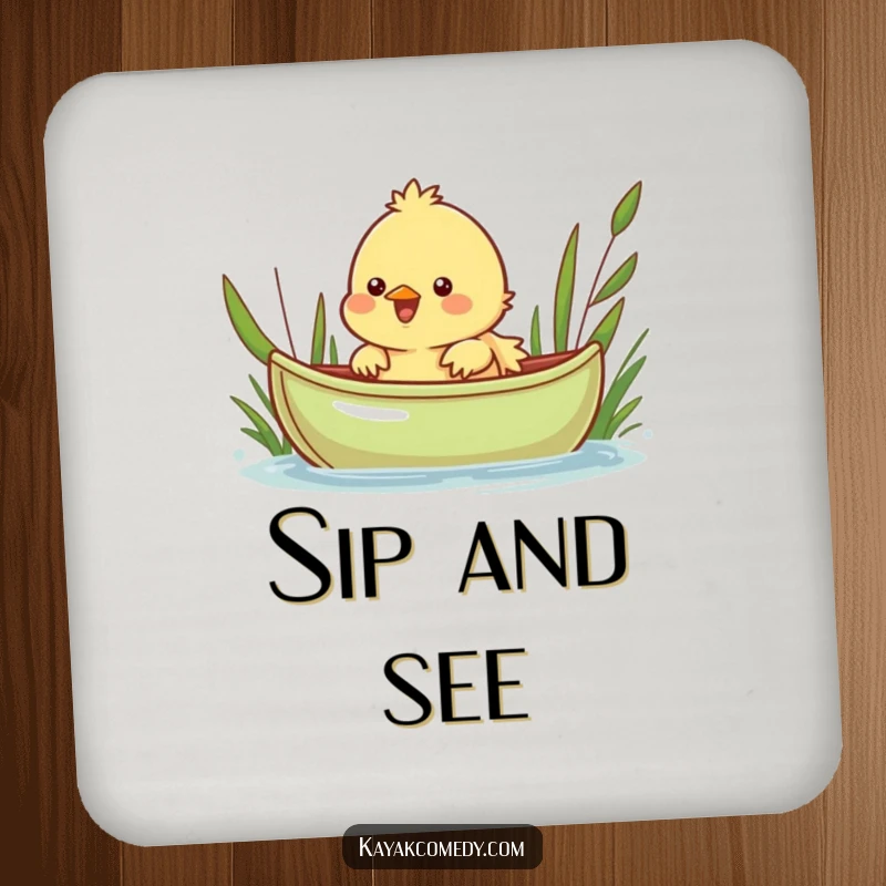 Funny Coaster: A cheerful chick peeks over a green kayak, protecting surfaces with charm. Great gift.