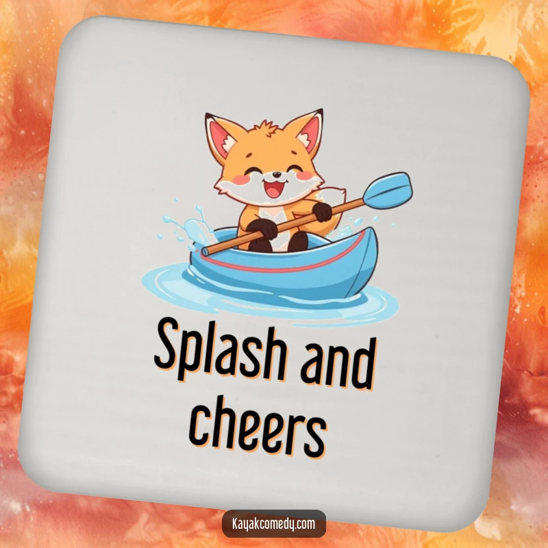 Funny Coaster: A delighted fox cub splashes water from a blue kayak, protecting surfaces with charm. Great gift.