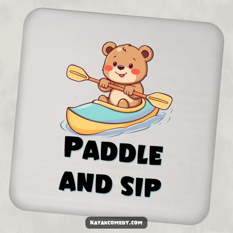Funny Coaster: An enthusiastic bear cub kayaks happily, protecting surfaces with cheerful charm. Great gift.