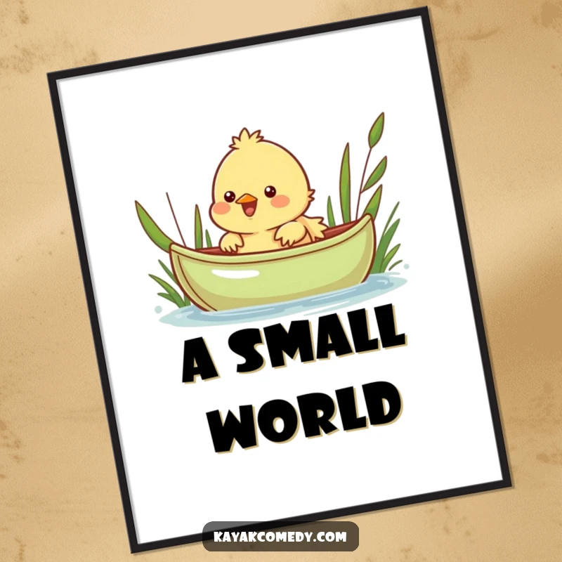 Funny Poster: A cheerful chick peeks over a small green kayak, showcasing pure, innocent adventure. Gift.