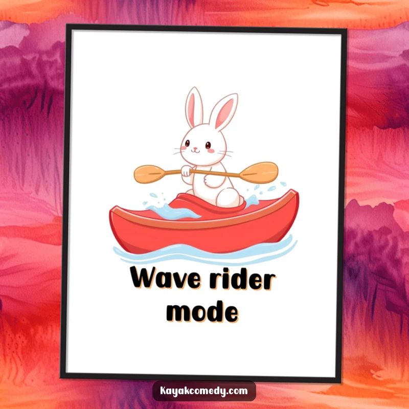 Funny Poster: A playful rabbit steers a bright red kayak through gentle waves, showcasing pure, serene fun. Gift.