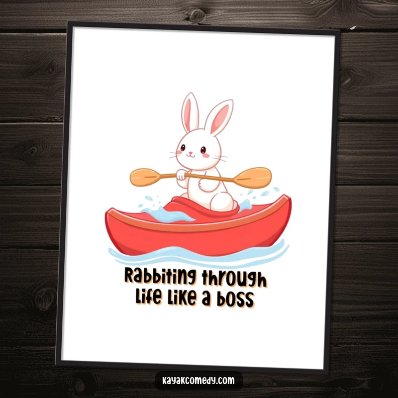 Funny Free Printable Wall Art: Playful rabbit steering a bright red kayak through gentle waves, a charming decor piece.