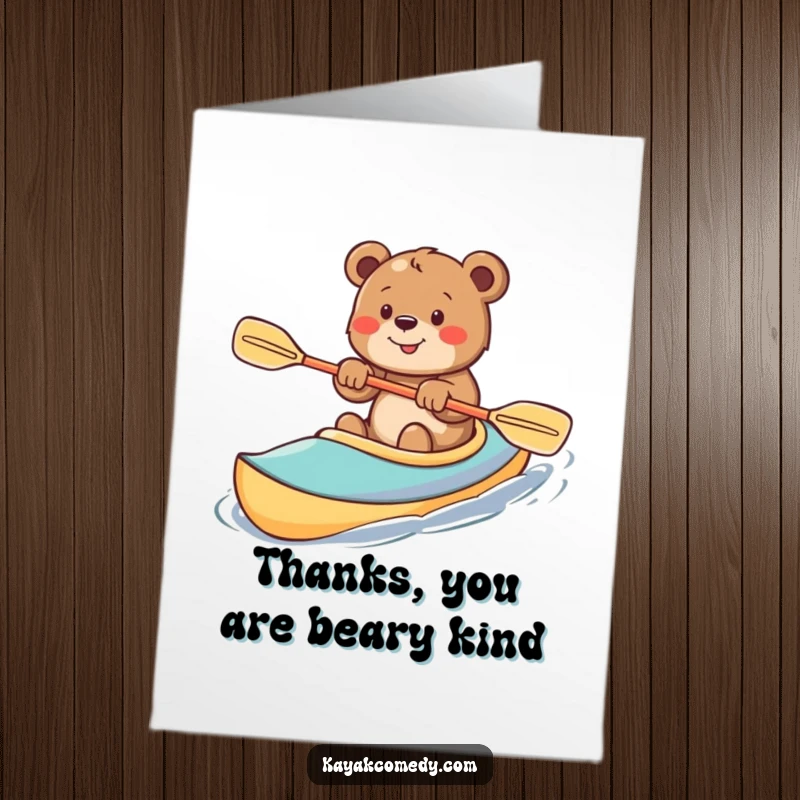 Funny Free Printable Thank You Card: Smiling bear cub enthusiastically paddling a colorful kayak, expressing thanks.