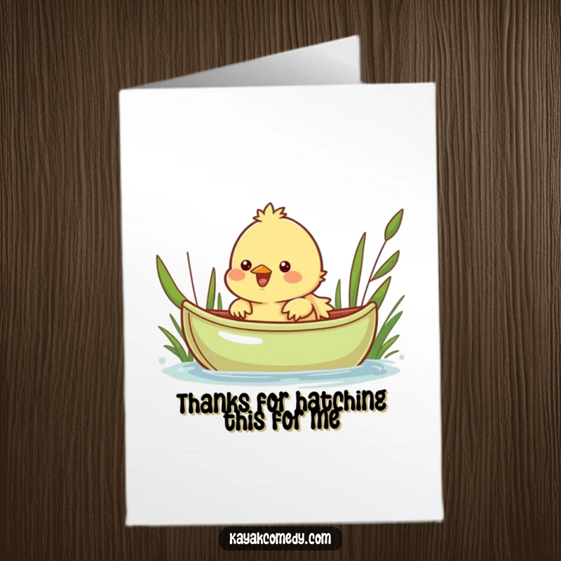 Funny Free Printable Thank You Card: Cheerful chick peeking over a small green kayak, expressing thanks.