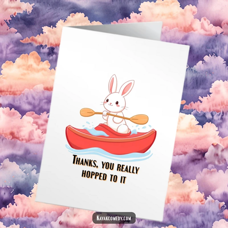 Funny Free Printable Thank You Card: Playful rabbit steering a bright red kayak through gentle waves, giving thanks.