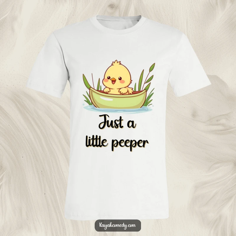 Funny T-Shirt: A happy chick peeks over a green kayak, embodying pure, cheerful adventure. Perfect gift.
