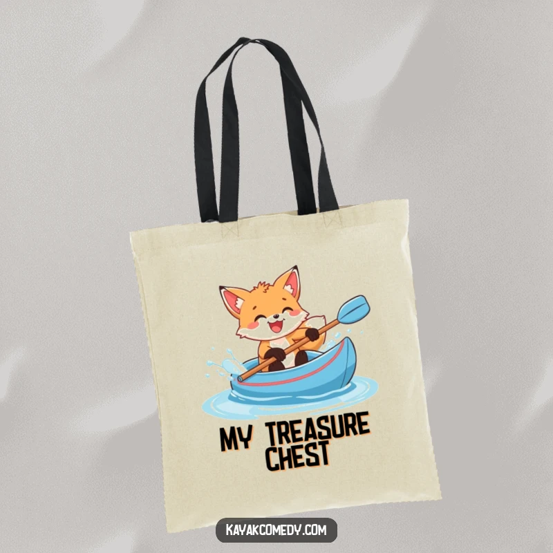 Funny Tote Bag: A delighted fox cub splashes water from a blue kayak, a charming image of wet fun. Perfect gift.